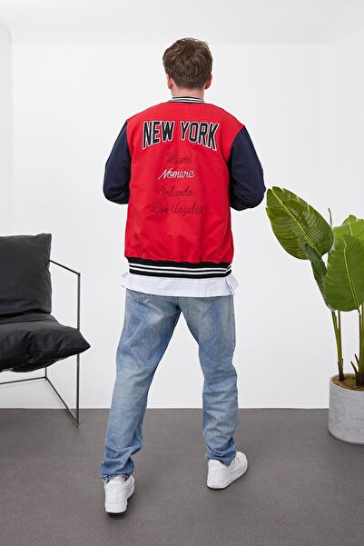 NOMARC Men's Men's College Jacket - Red Casual Bomber with Ny Logo