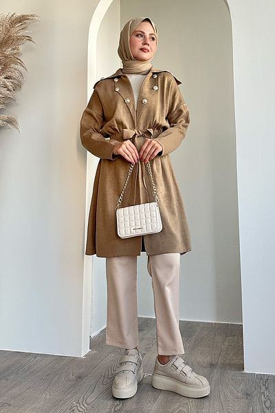 InStyle Button Detail Lace-Up Beige Knitwear Cardigan