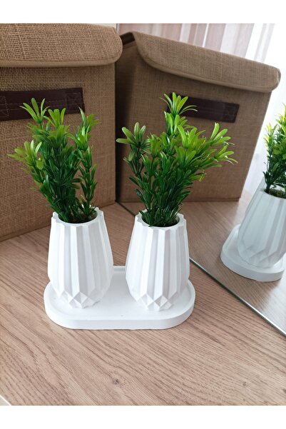 aksenbirstore MİNİ DESENLİ OVAL BETON SAKSI İKİLİ VE OVAL TABAK - YAPAY ÇİÇEK HEDİYELİ