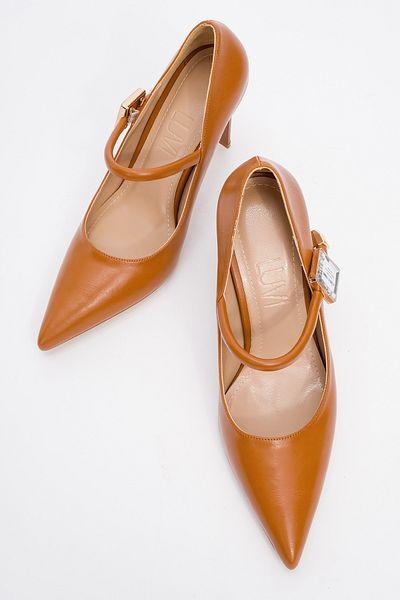 LuviShoes Детайлни дамски обувки с тънък ток Pattaya Tan Skin Stone
