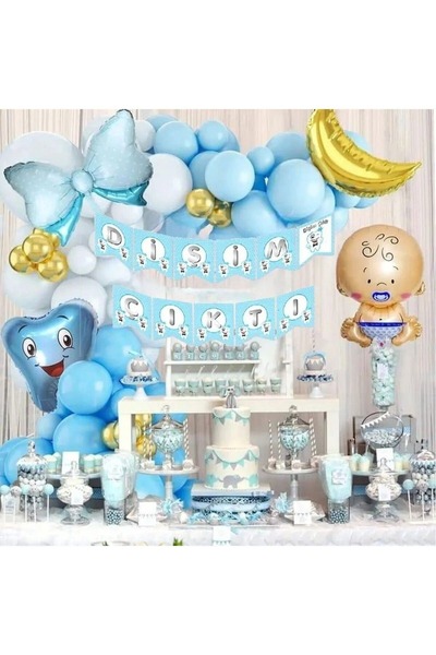 parti hediye sepeti Erkek bebek folyo balon ilk diş süsleme seti