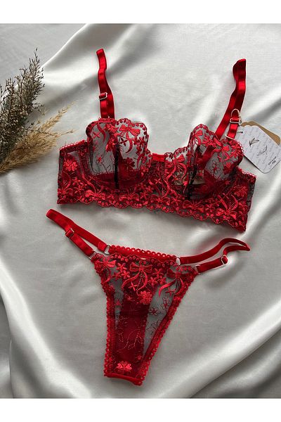 AYSEMIN Red Black Tulle Detailed Premium Embroidered Bra Set