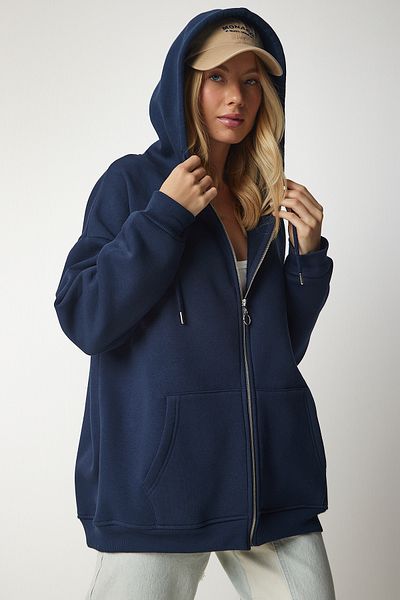 Lovelyİstanbul Oversize Hooded Zippered Sweatshirt - Navy Blue Lub0002