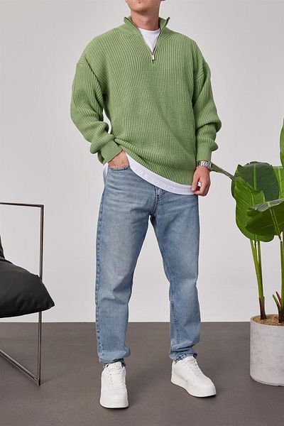NOMARC Green Knitted Knitwear - Zippered Collar Design