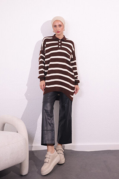 Bold Grup Women's Striped Shirt Collar Three Button Knitwear Tunic Sweater