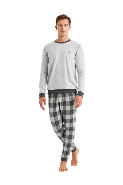 Blackspade Men's Long Sleeve Thermal Gray Melange Pajamas Set C3T0N6O04