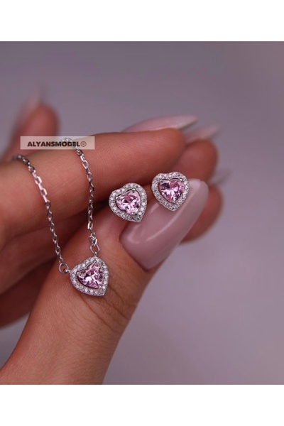Store Gümüş Pembe Kalp Kolye,Küpe Kombini