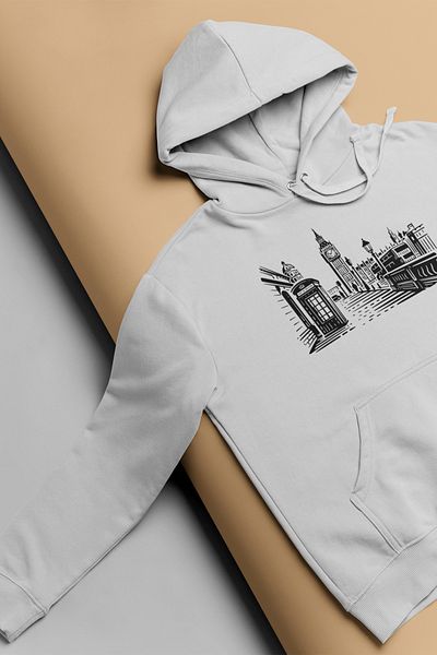 qoeuyl boutique London City Printed Μαύρο φούτερ Unisex - 3 κλωστές, 100% βαμβάκι, κουκούλα