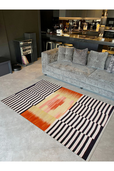 Rugs Modern Halı Güney Koleksiyonu Turuncu Siyah Temalı Çizgili Geometrik Des...