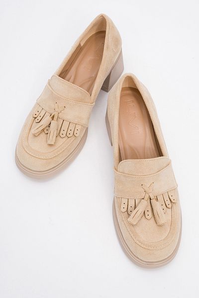 LuviShoes MARLO Beige Wildleder-Quasten-Loafer-Schuhe für Damen mit dickem Absatz