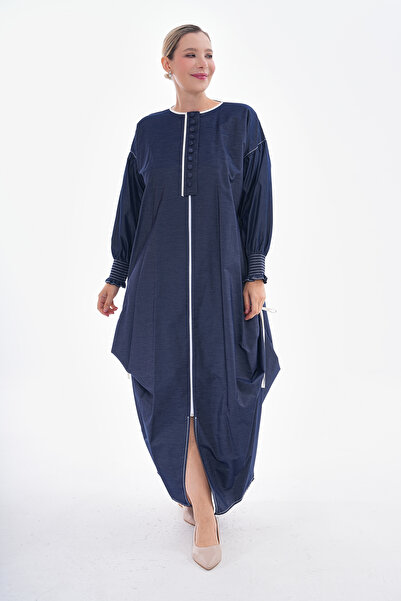 GigiTex Günlük Kot Parlak Lacivert Fermuarlı Spor Kap Ferace Boy 142 Cm Yanda...