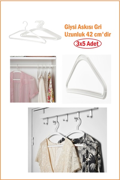 IKEA Trysse Kaydırmaz Plastik Elbise Askı 15 Adet, Beyaz/Gri Plastik Elbise Askısı