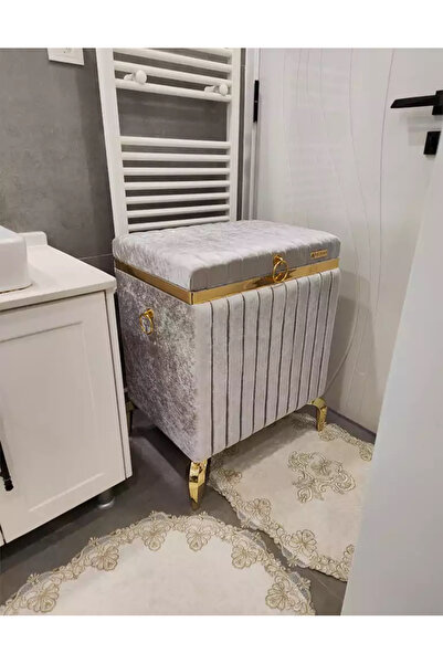 Özyer Çeyiz Dikdörtgen Tip Gri Renk Altın Şeritli Modern Kadife Banyo Kirli Ç...