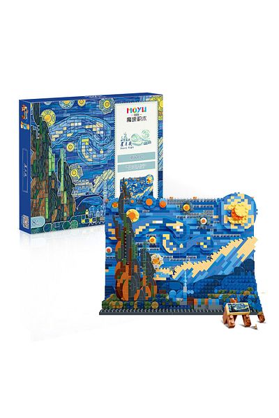 Bibilock A With Box Creative Art Van Gogh Paintings The Starry Night Moc The Great Wave Of Kanagawa Micro Bui