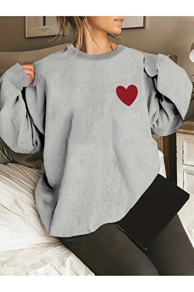 WOODROFFE Γυναικείο φούτερ με στάμπα με καρδιά μαύρο γκρι με λαιμόκοψη Oversize