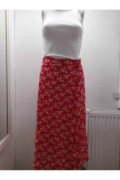 LADY HAZAL Red Floral Slit Skirt Darkalıp High Waist Side Zipper Midi Length Viscose Fabric Skirt