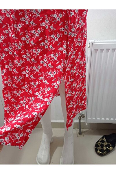 LADY HAZAL Fusta roșie cu fantă florală Fusta midi din țesătură de viscoză cu fermoar lateral cu talie înaltă