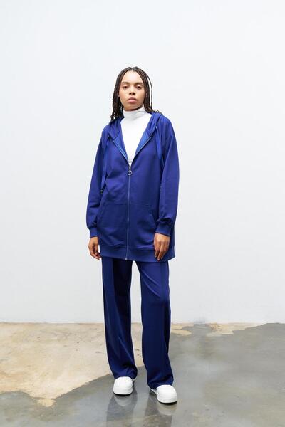 Basicpark Navy Blue Women's Pocket Detailed Zipper Closure Hooded Bottom Top Cotton Knitted Set