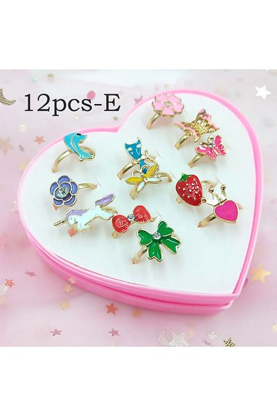 Choice 12 pcs-E 12/36 Pcs Adjustable Alloy Baby Girl Rings with Heart Shaped Box Cartoon Mix Finger Jewelle