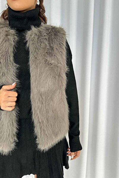 Mine Tan Butik Сірий плюшевий хутряний жилет - з підкладкою