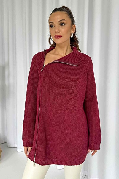 Mine Tan Butik Fermuar Detay Tunik Triko - Bordo