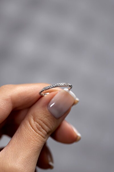 Jewelmim Taşlı Gümüş Yüzük 18 Ayar Beyaz Altın Kaplama Zirkon Taşlı Minimal A...