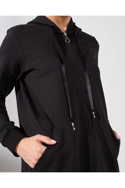 Basicpark Black Women's Pocket Detailed Zipper Closure Hooded Bottom Top Cotton Knitted Set