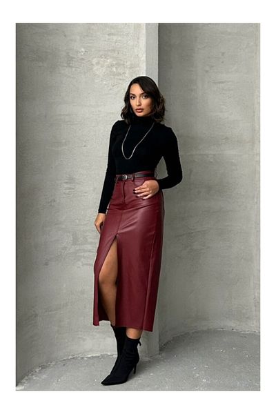BEES JEANS Fusta lungă sezonieră din piele cu nasturi cu fante burgundy