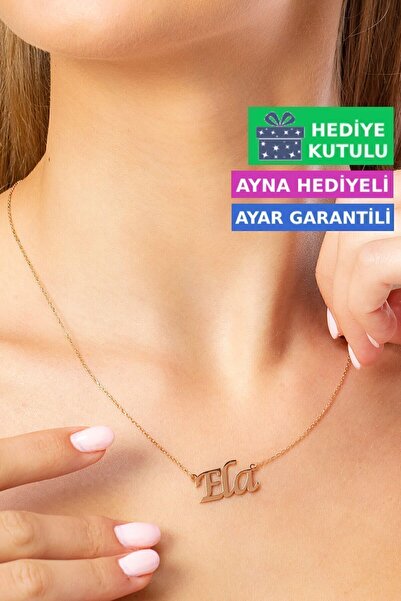 Jewelmim Ela İsimli Gümüş Kolye 18 Ayar Rose Altın Kaplama İsim Yazılı 925 Ayar Kadın Gümüş İsimli Kolye