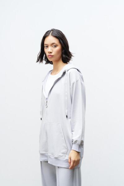 Basicpark Painted Gray Women's Pocket Detailed Zipper Closure Hooded Bottom Top Cotton Knitted Set