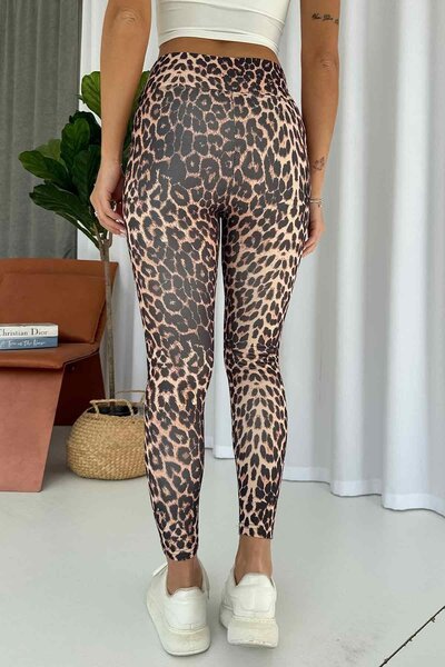 Mine Tan Butik Leopard Pattern Ribbed Women's Gathering Leggings - Beige