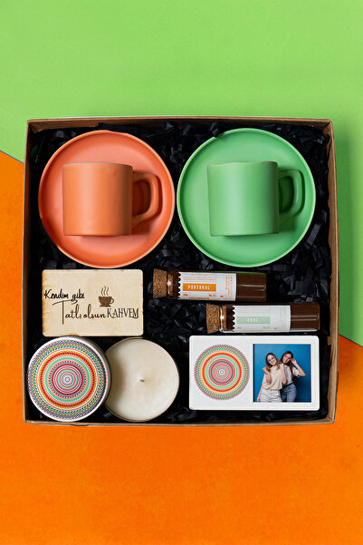 TrendHediye İkili Renkli Fincan, Mum, Kahve, Çerçeve Hediye Seti