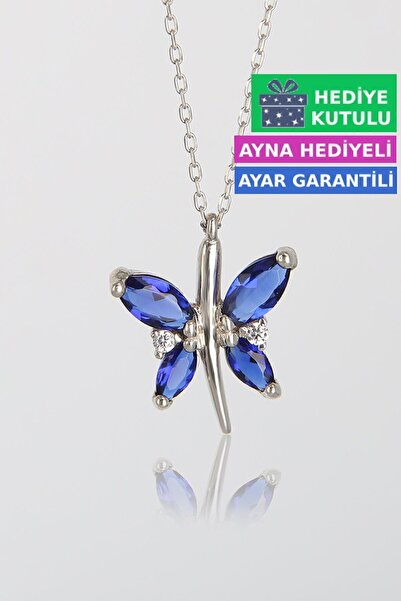Jewelmim Kelebekli Gümüş Kolye | Beyaz Altın Kaplama Mavi Renkli Taşlı 925 Ay...