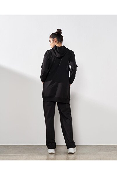 Basicpark Black Women's Pocket Detailed Zipper Closure Hooded Bottom Top Cotton Knitted Set