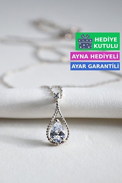 Jewelmim Gümüş Damla Kolye | Beyaz Altın Kaplama Su Damlası Taşlı 925 Ayar Ka...
