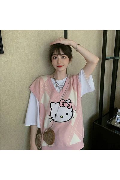 AtegeWear Anime Hello Kitty Argyle Patterned V-Neck Oversize Sweater