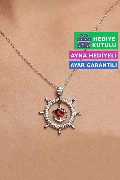 Jewelmim Gümüş Gemi Dümeni Çapa 18 Ayar Beyaz Altın Kaplama Kırmızı Taşlı Kolye 925 Ayar Kadın Gümüş Kolye