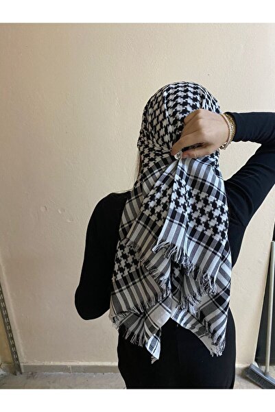 sema aksesuar Unisex Günlük Kullanıma Uygun Pamuklu Büyük Boy Puşi Şal - Siyah Beyaz Kefiye Model Kare Poşu