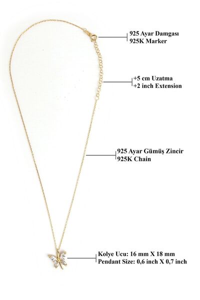 Jewelmim Kelebekli Gümüş Kolye 18 Ayar Sarı Altın Kaplama Kelebek Kolyesi 925 Ayar Kadın Gümüş Kelebek Kolye