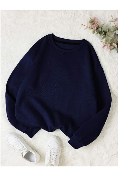 Trendseninle Γυναικείο φούτερ Navy Blue Plain Crew Neck