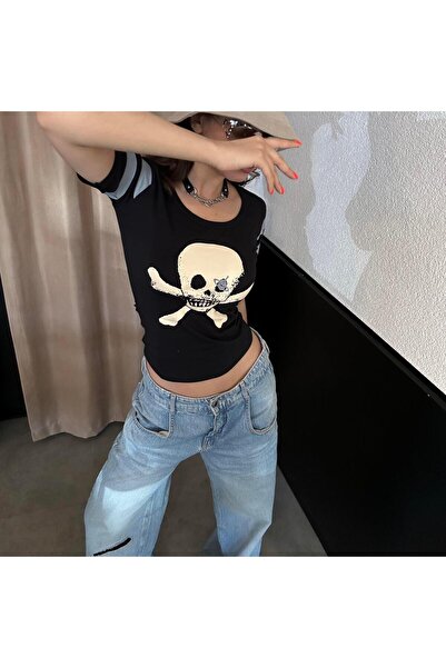 BALİNA Μαύρο Harajuku Fashion Oldskull κοντομάνικο Crop THESOLO