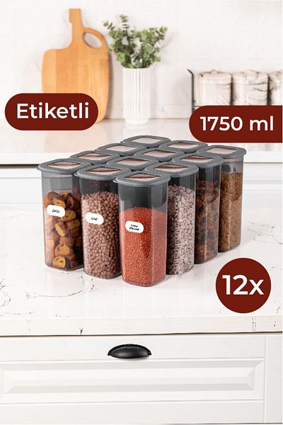 Vienev Square Food Storage Container with Foil Label Set of 12 Large Size 1.75 Liters Anthracite