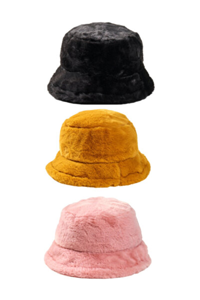 derikem 3 Pieces Stylish Plush Bucket - Fisherman Bucket Winter Hat Set of 3