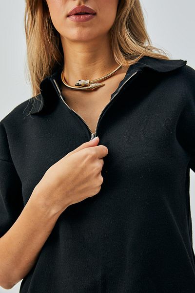 minaaise Pulover de damă, negru, cu fermoar, cu guler pentru bărbați 26028