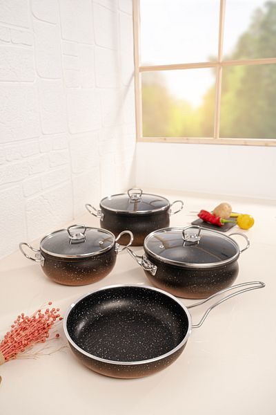 çarşıdayız 9 Piece Iron Handle Black Granite Pot Set - 24 Cm (Filled Wrapping Mat Gift)