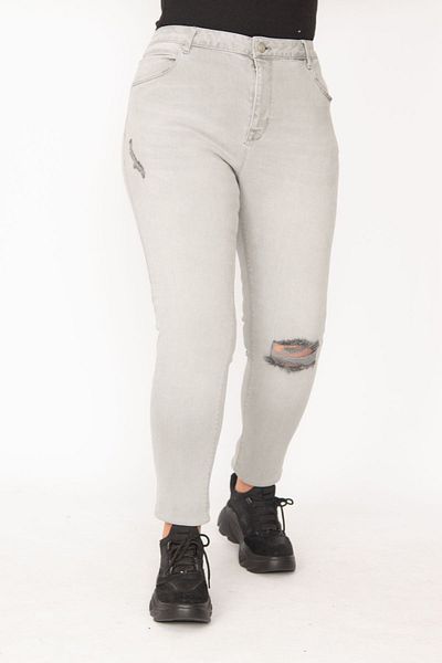 Şans Gray Lycra Large Size Skinny Trousers - Denim Ripped Detail, 5 Pockets 65N29525