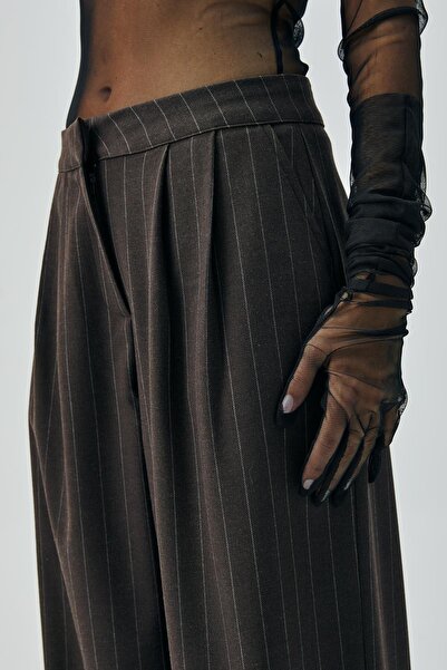 minaaise Dámské proužkované kalhoty Palazzo z hnědé vlny z polyviskózy 28078