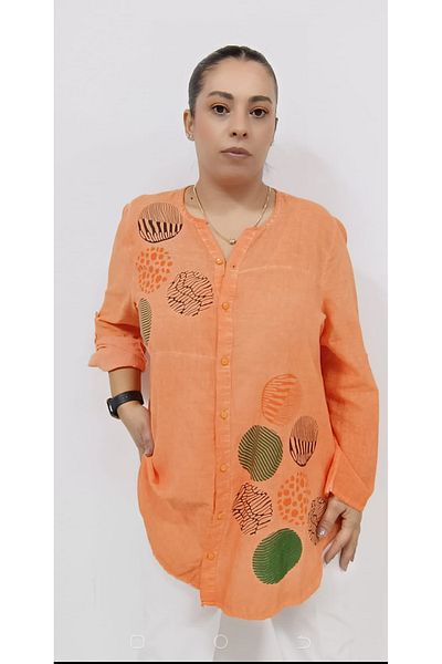 AKŞEN GİYİM LARGE SIZE WOMEN'S COTTON LINEN FABRIC GEOMETRIC PATTERNED FOLDED SLEEVE AUTHENTIC TUNIC