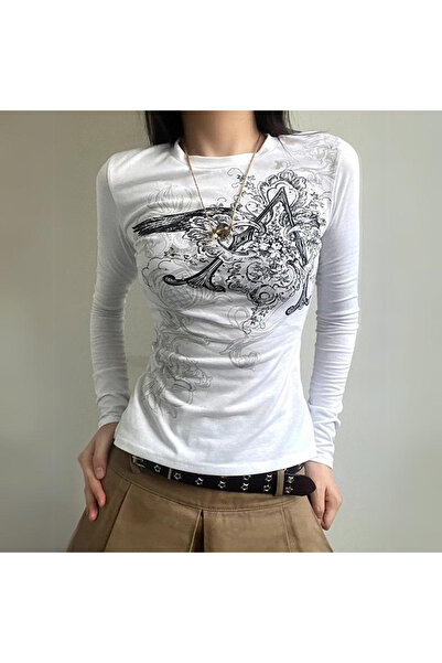 BALİNA White Vintage Punk Patterned Long Sleeve Crop Thesolo