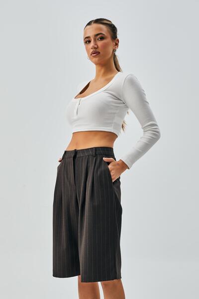 minaaise Kadın Kahve Yün Poliviskon Çizgili Bermuda Şort 28237